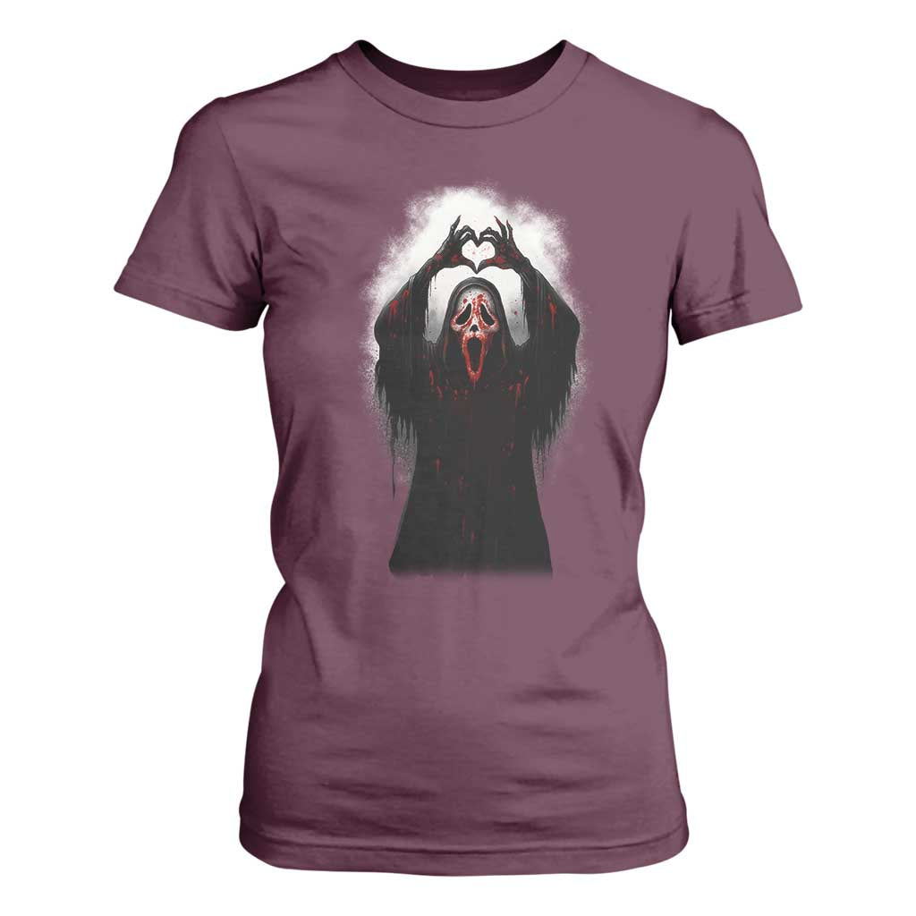 Funny Scary Face Ghost Hand Heart Sign Halloween T Shirt For Women TS11 Maroon Print Your Wear
