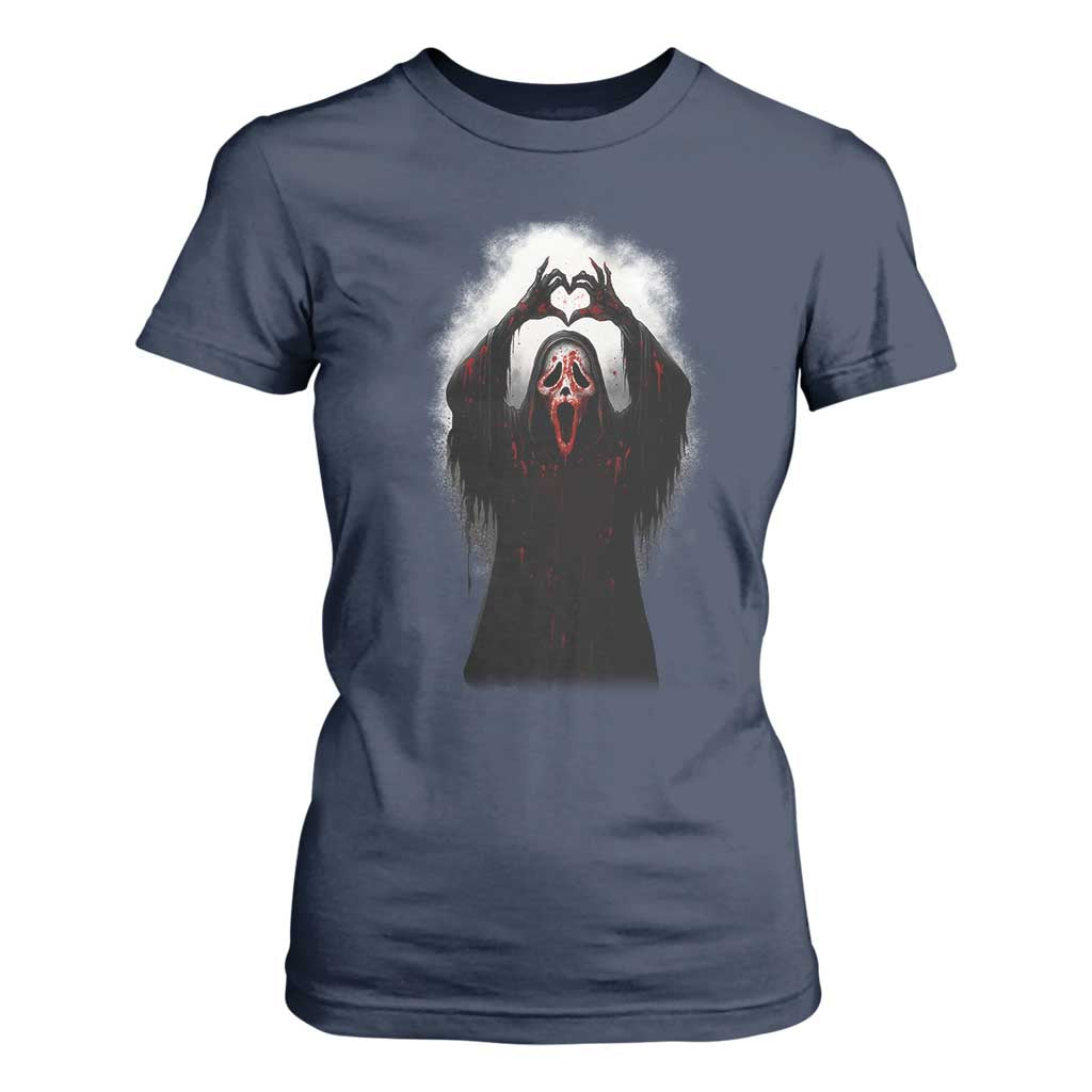 Funny Scary Face Ghost Hand Heart Sign Halloween T Shirt For Women TS11 Navy Print Your Wear