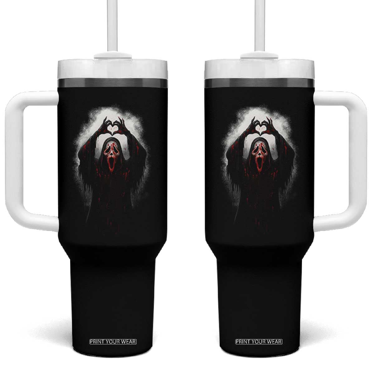 Funny Scary Face Ghost Hand Heart Sign Halloween Tumbler With Handle TS11 One Size: 40 oz Black Print Your Wear