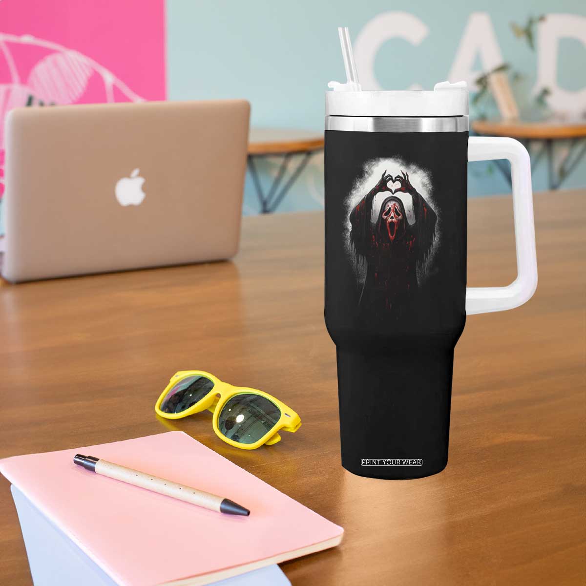 Funny Scary Face Ghost Hand Heart Sign Halloween Tumbler With Handle TS11 Print Your Wear