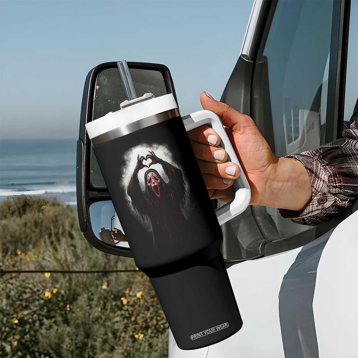 Funny Scary Face Ghost Hand Heart Sign Halloween Tumbler With Handle TS11 Print Your Wear