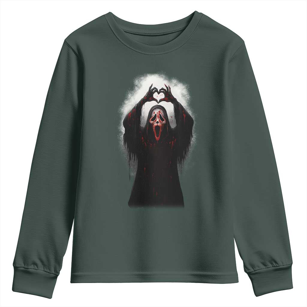 Funny Scary Face Ghost Hand Heart Sign Halloween Youth Sweatshirt TS11 Dark Forest Green Print Your Wear