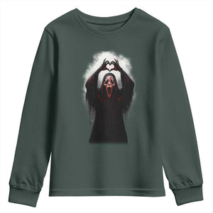 Funny Scary Face Ghost Hand Heart Sign Halloween Youth Sweatshirt TS11 Dark Forest Green Print Your Wear