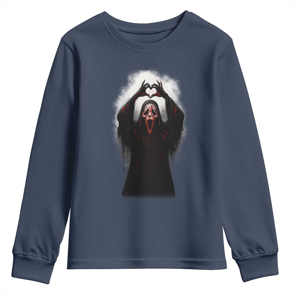 Funny Scary Face Ghost Hand Heart Sign Halloween Youth Sweatshirt TS11 Navy Print Your Wear