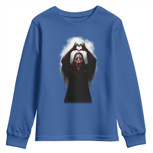 Funny Scary Face Ghost Hand Heart Sign Halloween Youth Sweatshirt TS11 Royal Blue Print Your Wear