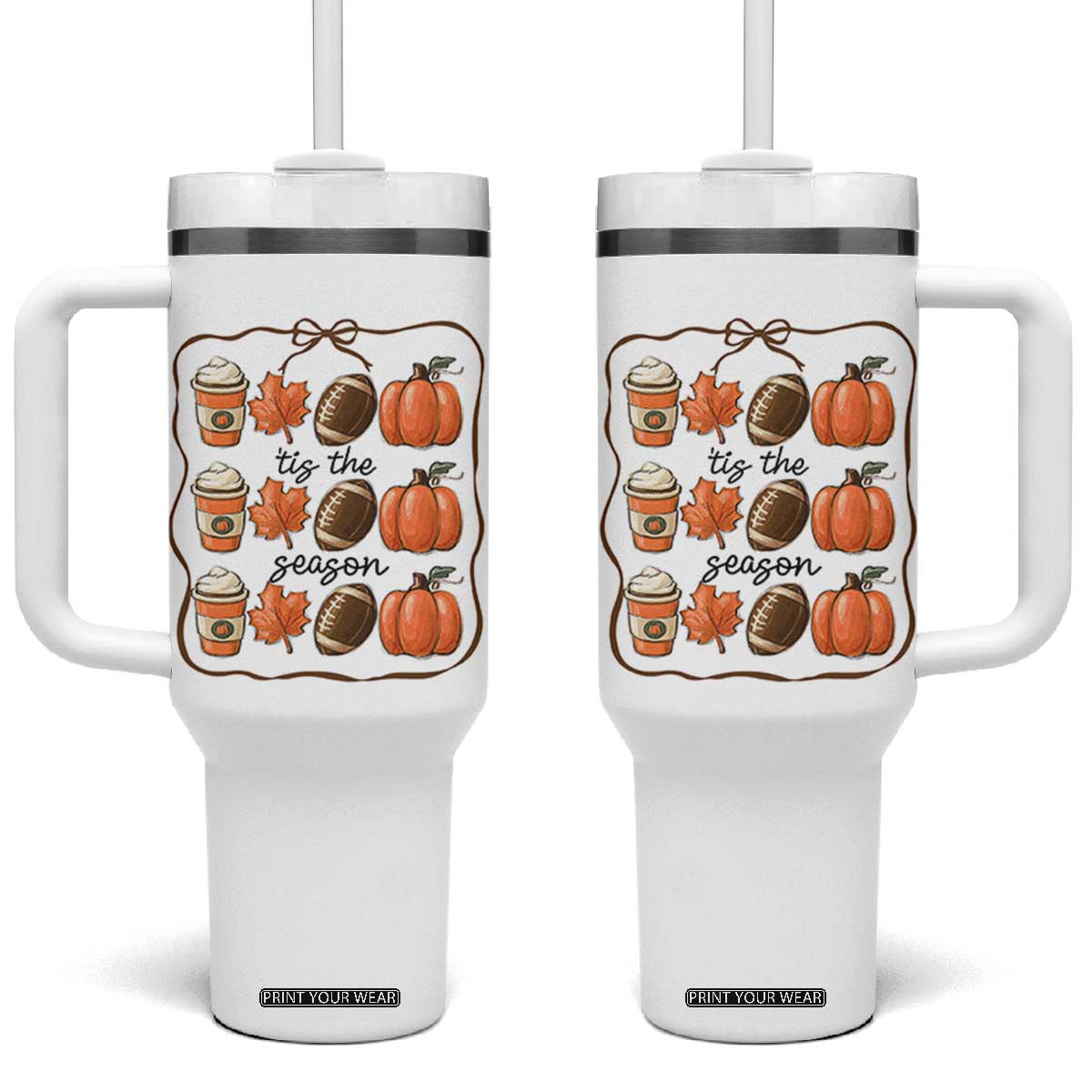 Tis The Season Fall Thanksgiving Tumbler With Handle American Football Pumpkin TS11 One Size: 40 oz White Print Your Wear
