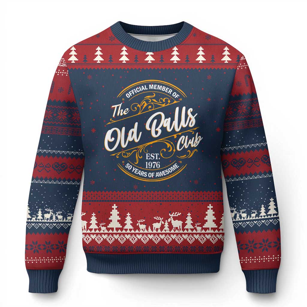 Funny 50th Birthday Ugly Christmas Sweater Official Member Of The Old Ball Clubs Gen X EST 1976 TS11 Navy Red Print Your Wear