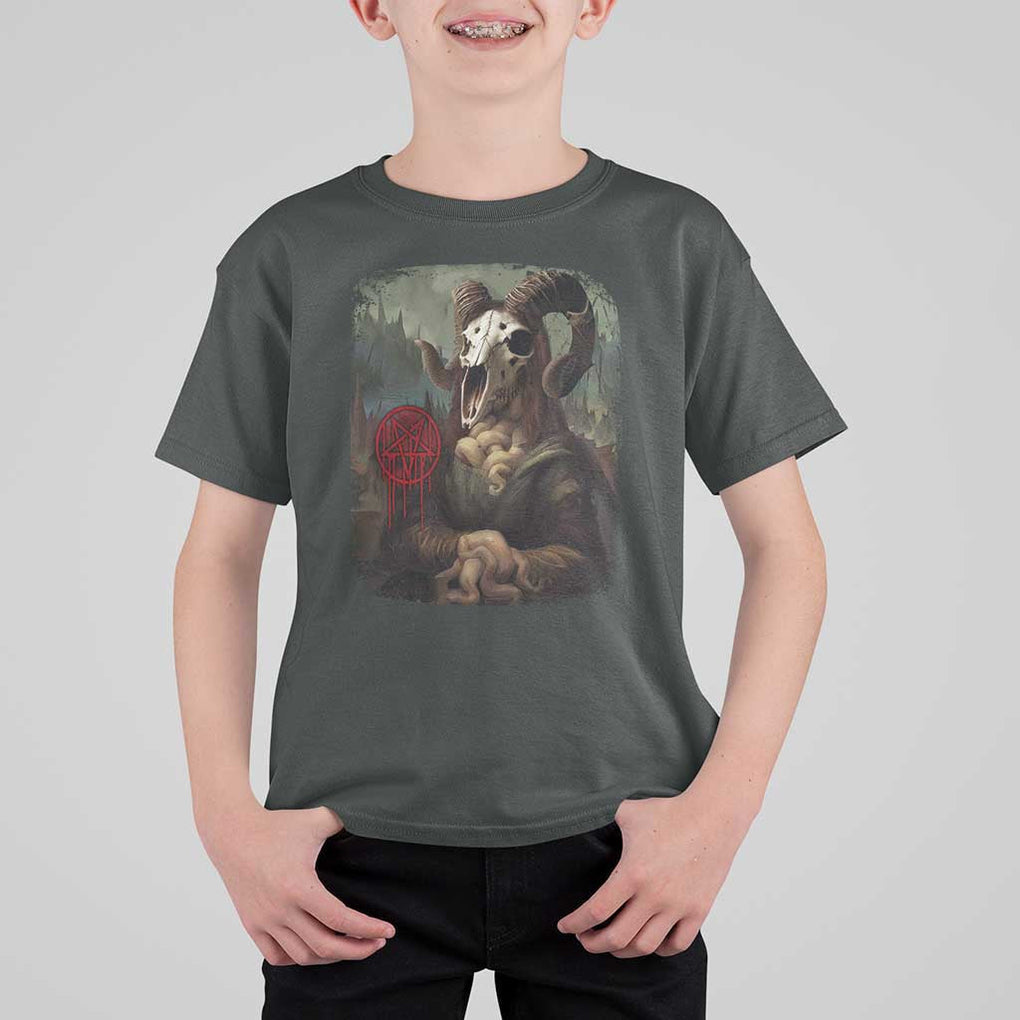 Halloween T Shirt For Kid Creepy Mona Lisa Satan Pentagram Leonardo da Vinci TS11 Dark Heather Print Your Wear