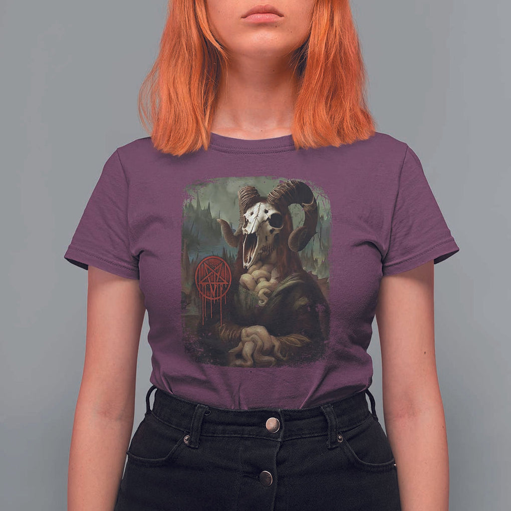 Halloween T Shirt For Women Creepy Mona Lisa Satan Pentagram Leonardo da Vinci TS11 Maroon Print Your Wear