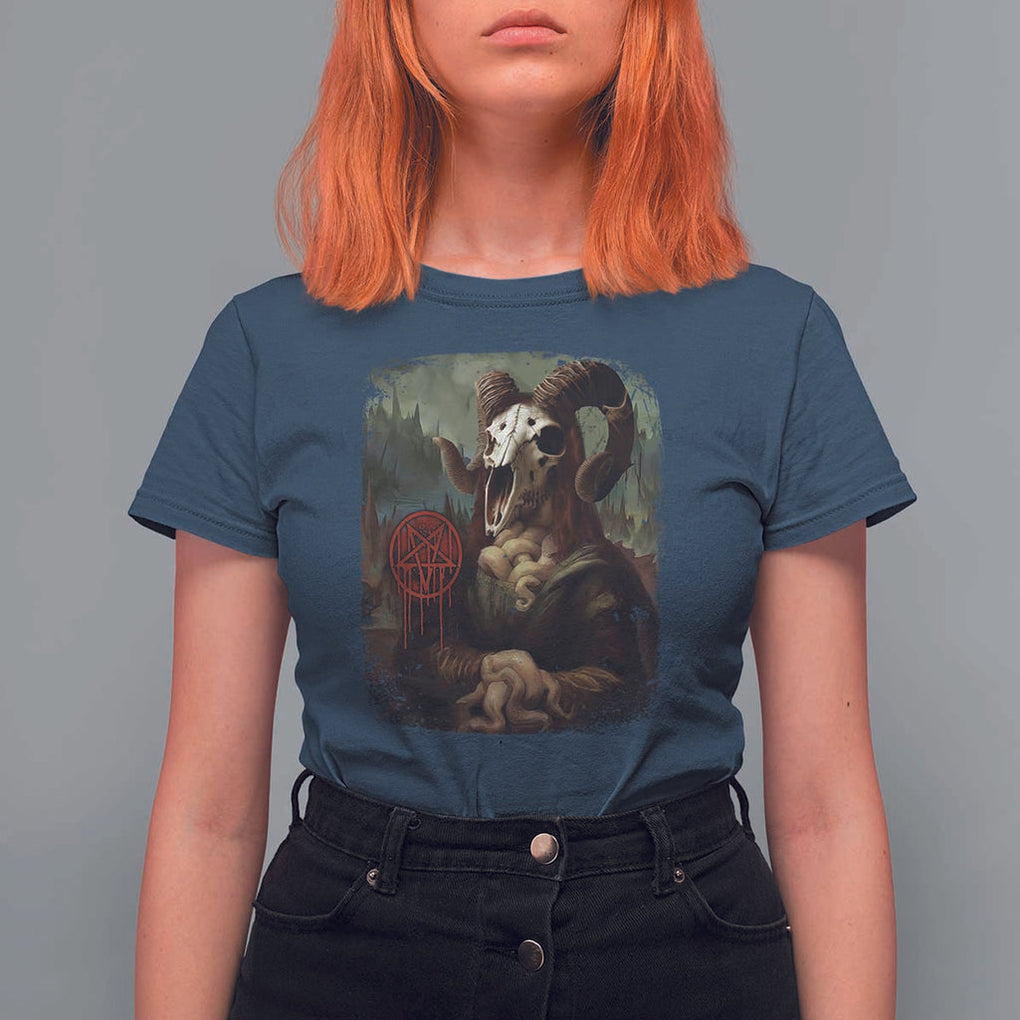 Halloween T Shirt For Women Creepy Mona Lisa Satan Pentagram Leonardo da Vinci TS11 Navy Print Your Wear