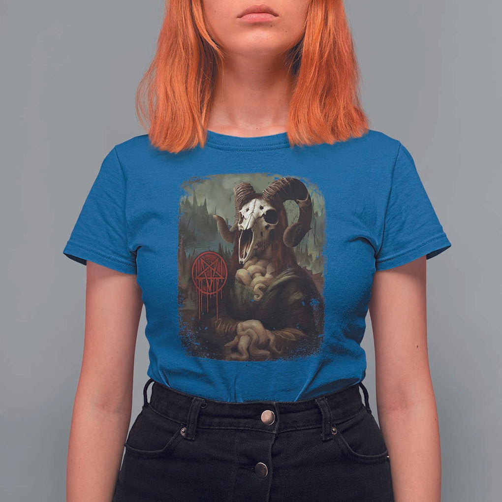 Halloween T Shirt For Women Creepy Mona Lisa Satan Pentagram Leonardo da Vinci TS11 Royal Blue Print Your Wear