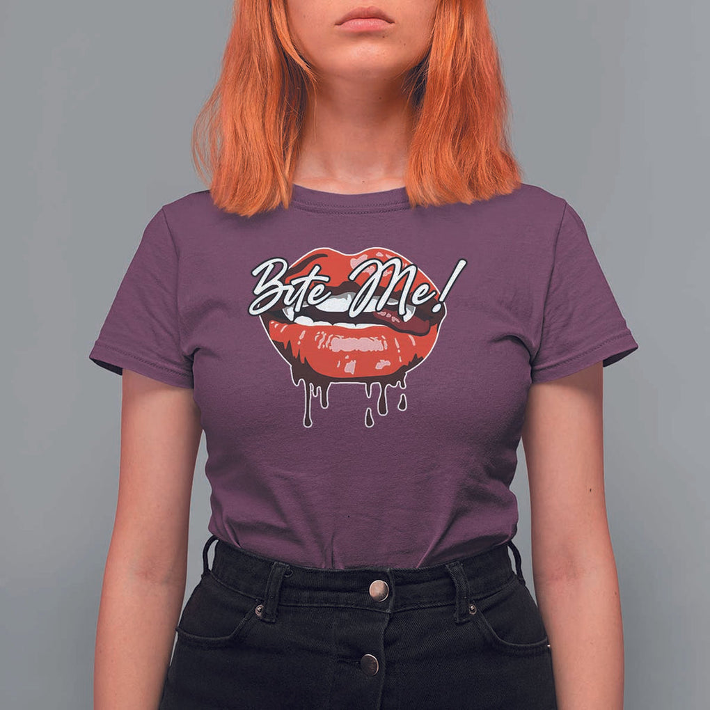 Halloween T Shirt For Women Bite Me Vampire Red Lips Teeth Bloody TS11 Maroon Print Your Wear