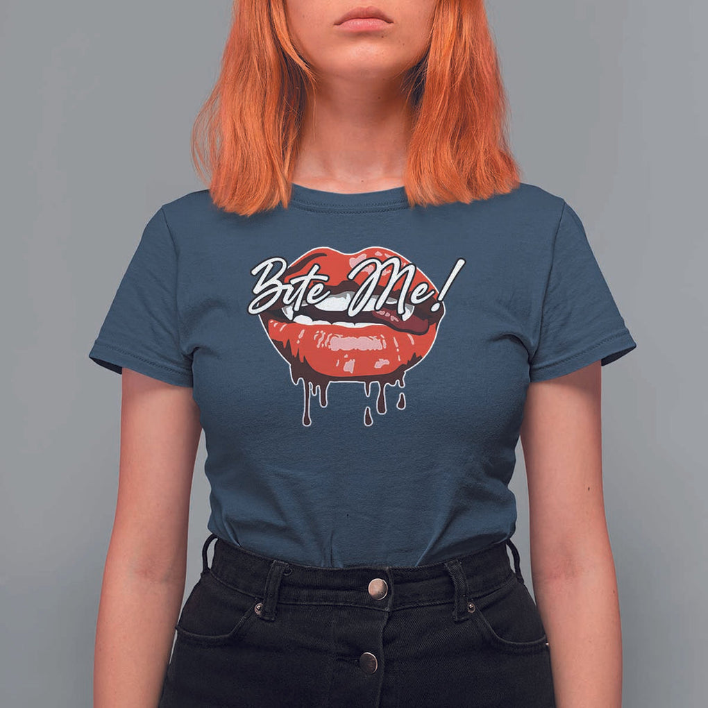 Halloween T Shirt For Women Bite Me Vampire Red Lips Teeth Bloody TS11 Navy Print Your Wear