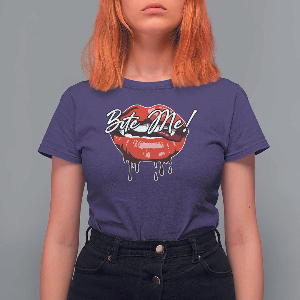 Halloween T Shirt For Women Bite Me Vampire Red Lips Teeth Bloody TS11 Purple Print Your Wear