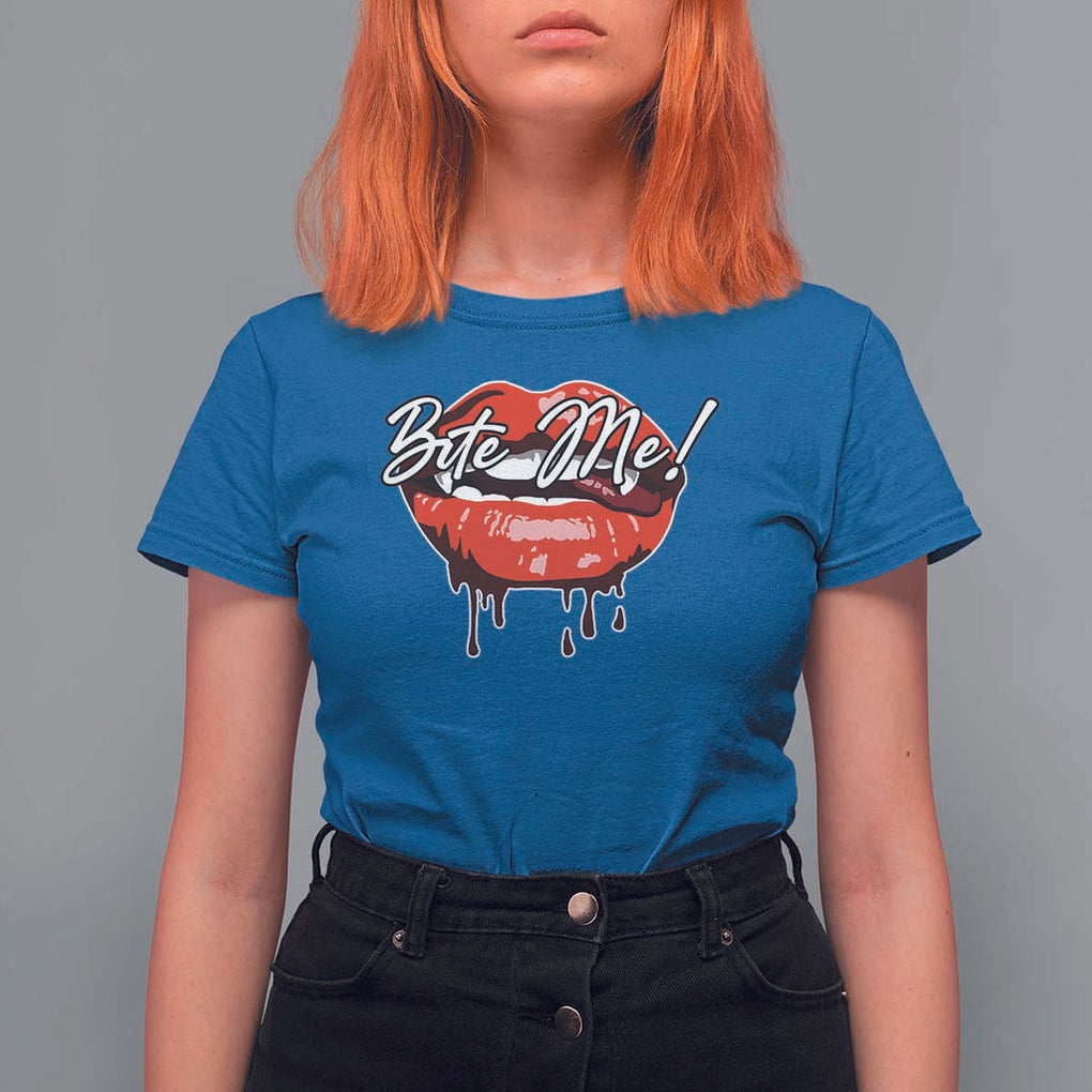 Halloween T Shirt For Women Bite Me Vampire Red Lips Teeth Bloody TS11 Royal Blue Print Your Wear