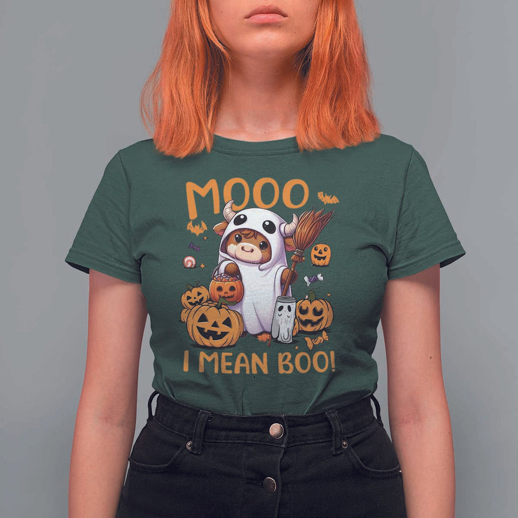 Spooky Cow Halloween T Shirt For Women Moo I Mean Boo Funny Ghost Heifer TS11 Dark Forest Green Print Your Wear