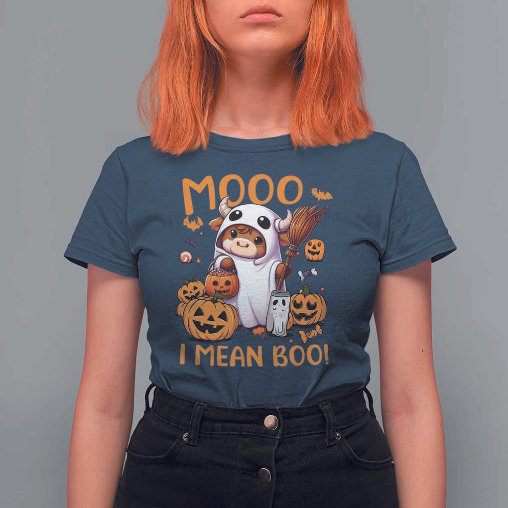 Spooky Cow Halloween T Shirt For Women Moo I Mean Boo Funny Ghost Heifer TS11 Navy Print Your Wear