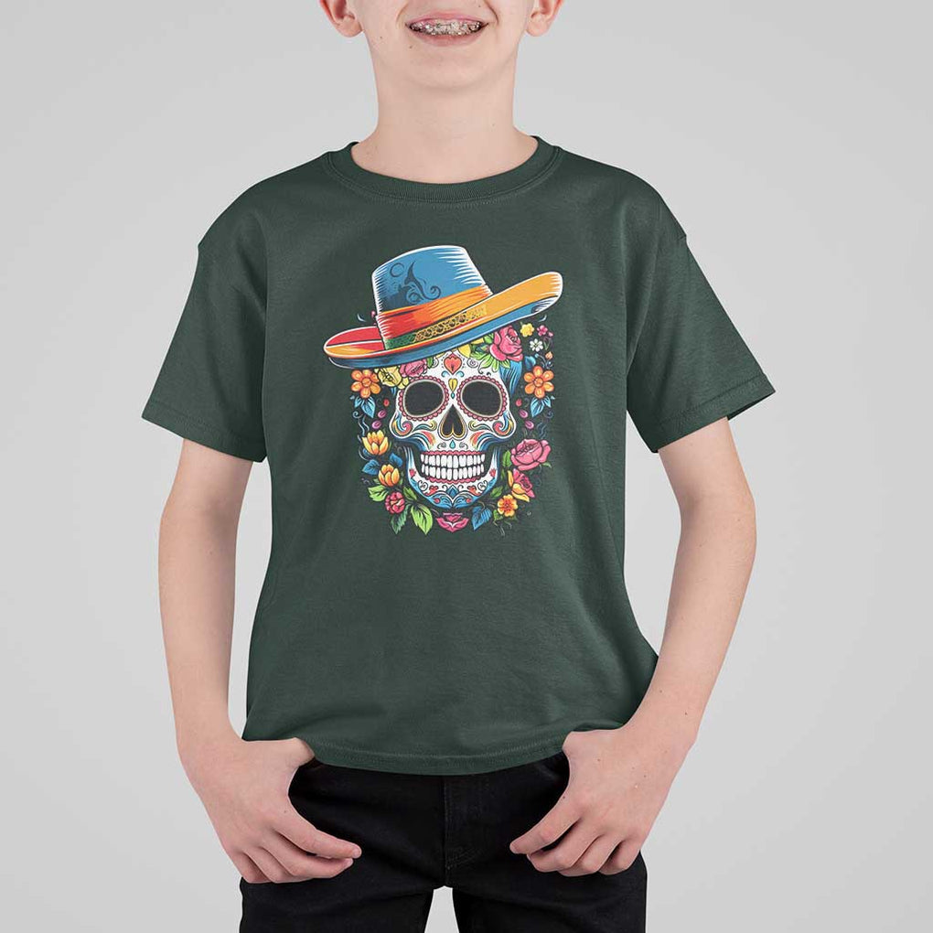 Day Of The Dead T Shirt For Kid Sugar Skull Dia De Los Muertos Halloween Flower TS11 Dark Forest Green Print Your Wear
