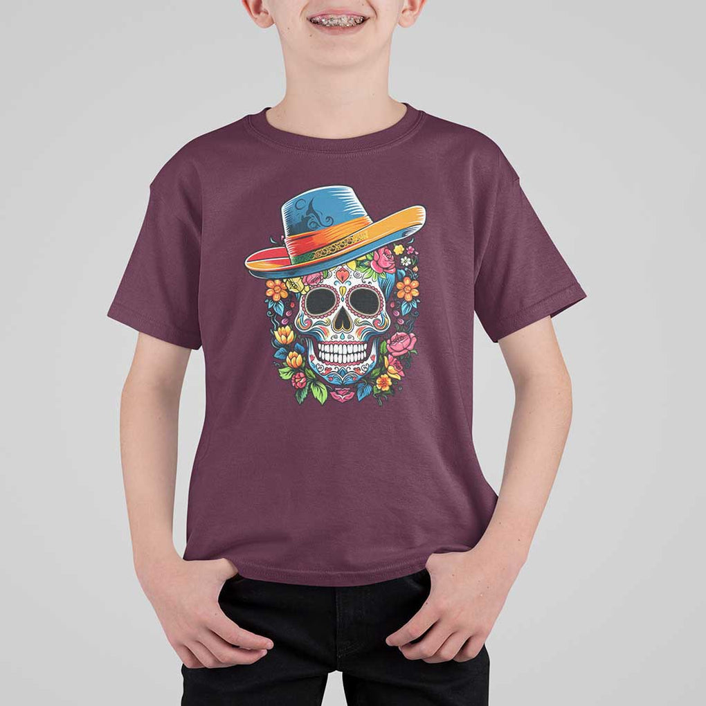 Day Of The Dead T Shirt For Kid Sugar Skull Dia De Los Muertos Halloween Flower TS11 Maroon Print Your Wear