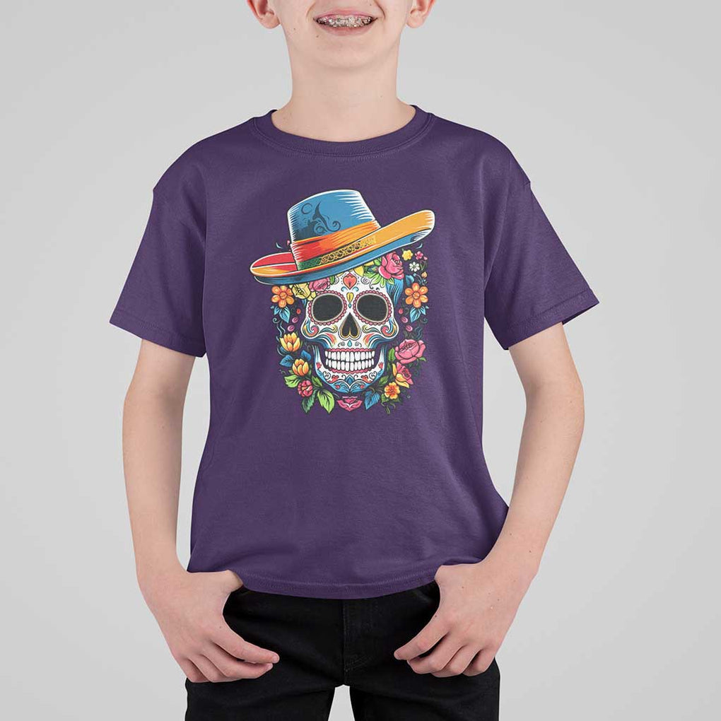 Day Of The Dead T Shirt For Kid Sugar Skull Dia De Los Muertos Halloween Flower TS11 Purple Print Your Wear