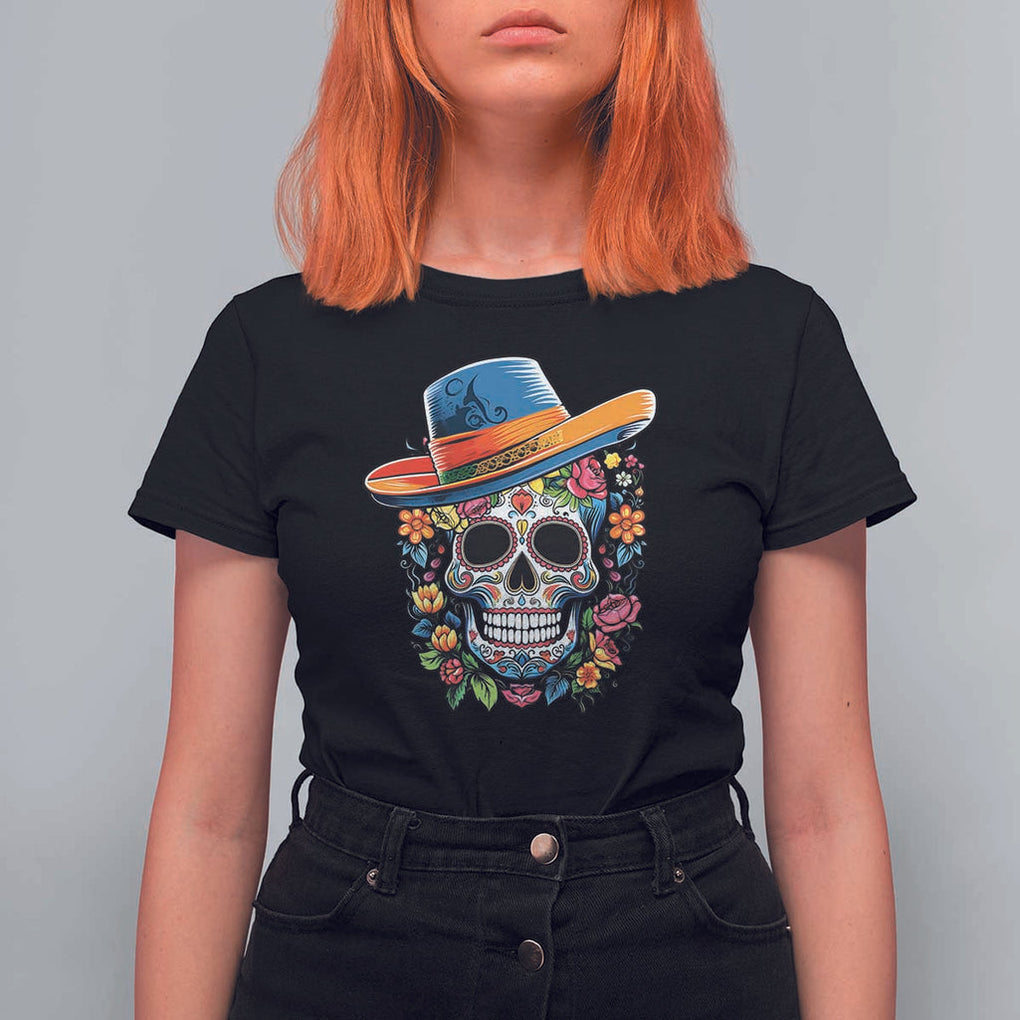 Day Of The Dead T Shirt For Women Sugar Skull Dia De Los Muertos Halloween Flower TS11 Black Print Your Wear