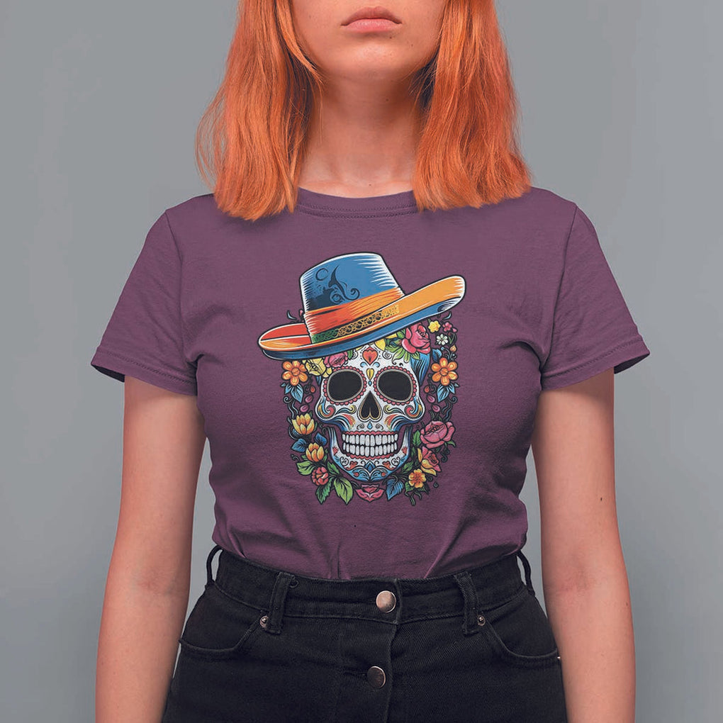 Day Of The Dead T Shirt For Women Sugar Skull Dia De Los Muertos Halloween Flower TS11 Maroon Print Your Wear
