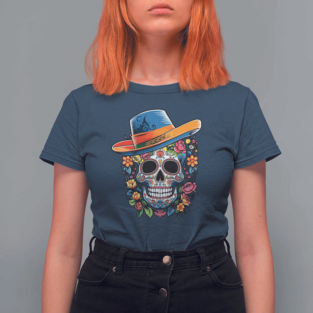 Day Of The Dead T Shirt For Women Sugar Skull Dia De Los Muertos Halloween Flower TS11 Navy Print Your Wear