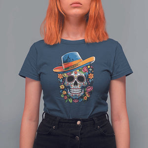 Day Of The Dead T Shirt For Women Sugar Skull Dia De Los Muertos Halloween Flower TS11 Navy Print Your Wear