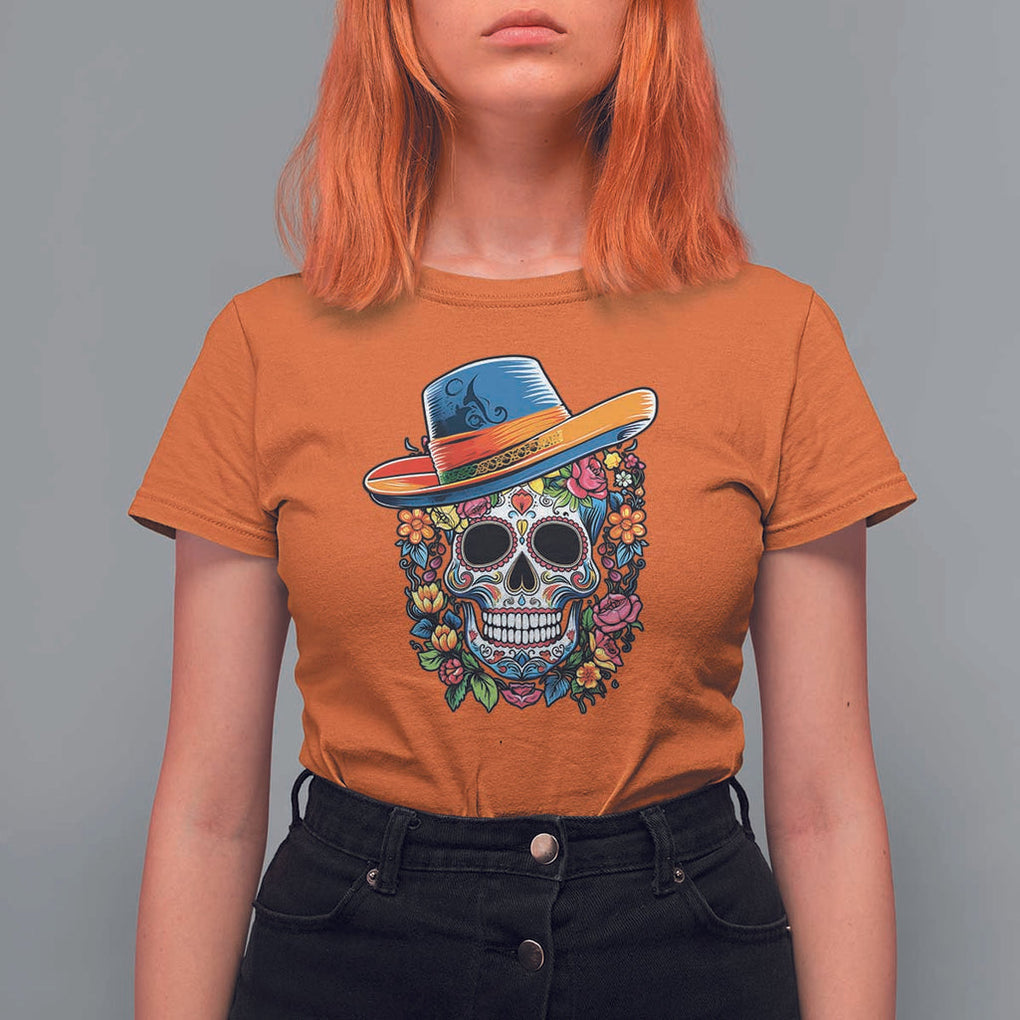 Day Of The Dead T Shirt For Women Sugar Skull Dia De Los Muertos Halloween Flower TS11 Orange Print Your Wear