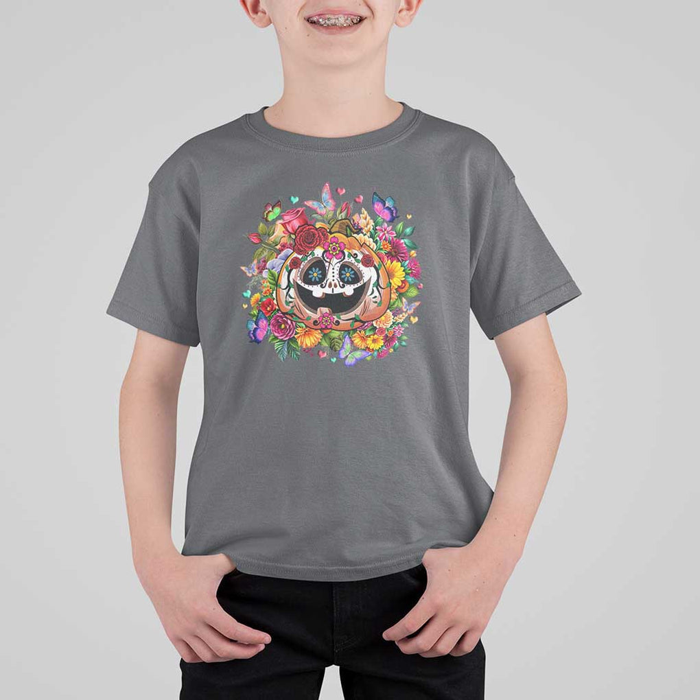Day Of The Dead T Shirt For Kid Pumpkin Sugar Skull Halloween Flowers TS11 Charcoal Print Your Wear