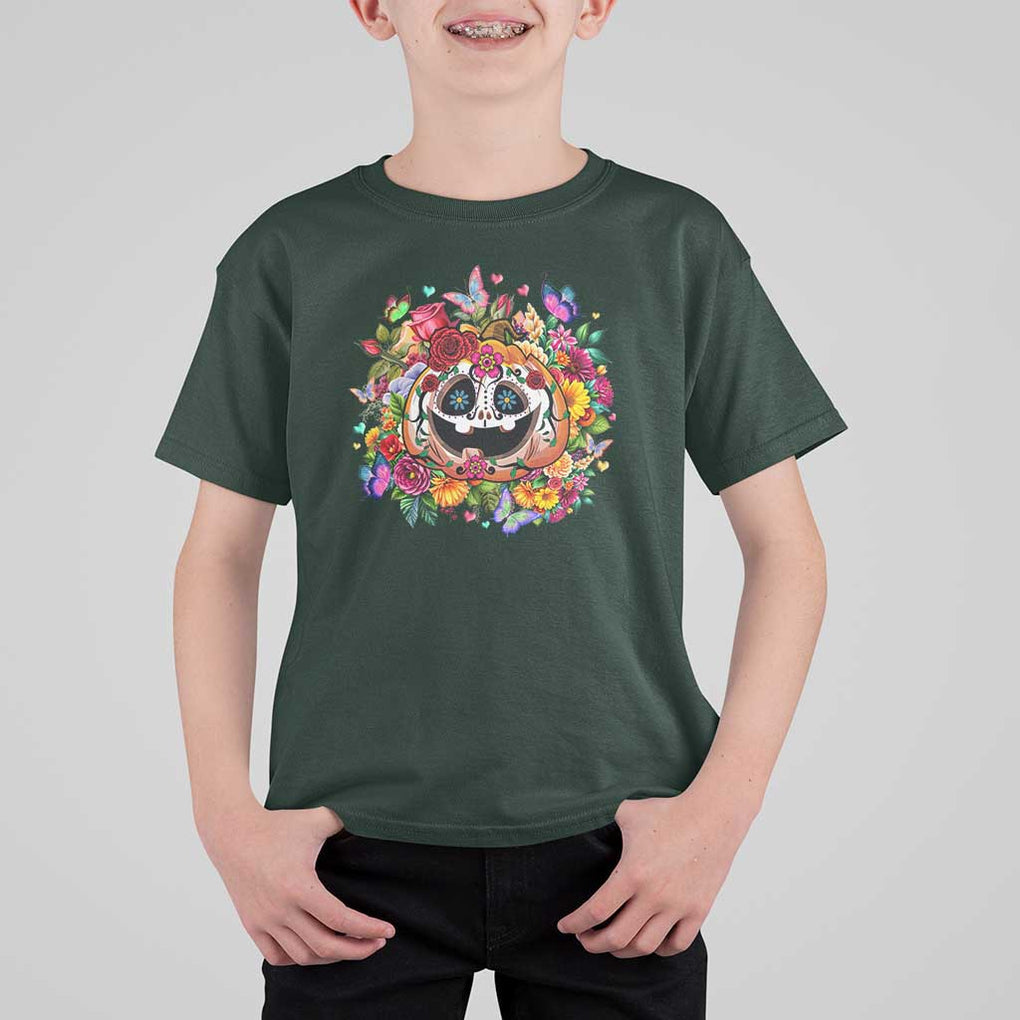 Day Of The Dead T Shirt For Kid Pumpkin Sugar Skull Halloween Flowers TS11 Dark Forest Green Print Your Wear