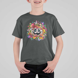 Day Of The Dead T Shirt For Kid Pumpkin Sugar Skull Halloween Flowers TS11 Dark Heather Print Your Wear