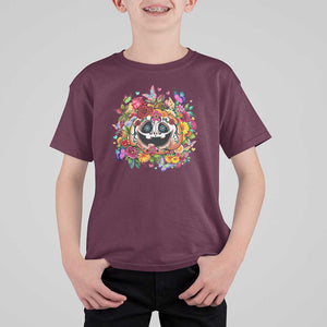 Day Of The Dead T Shirt For Kid Pumpkin Sugar Skull Halloween Flowers TS11 Maroon Print Your Wear