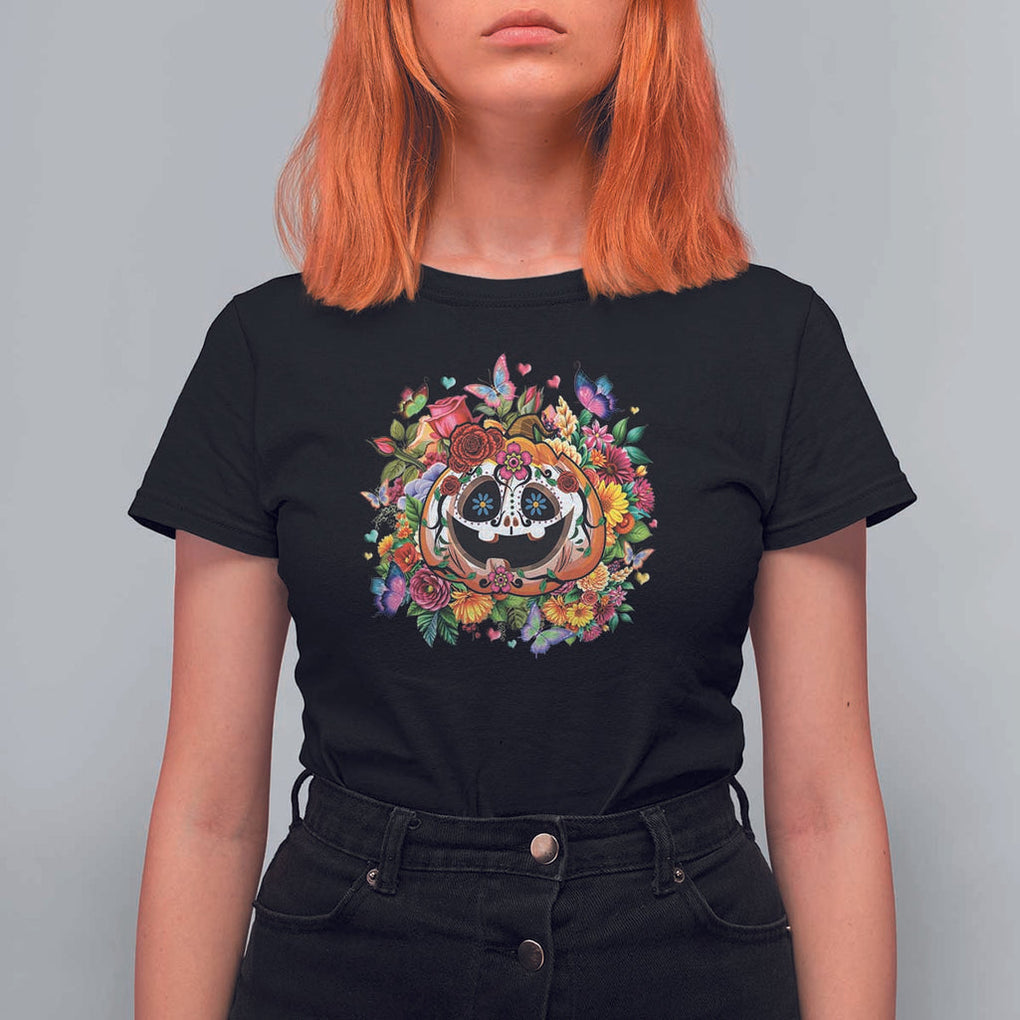 Day Of The Dead T Shirt For Women Pumpkin Sugar Skull Halloween Flowers TS11 Black Print Your Wear