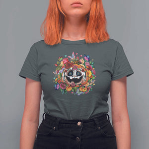 Day Of The Dead T Shirt For Women Pumpkin Sugar Skull Halloween Flowers TS11 Dark Heather Print Your Wear
