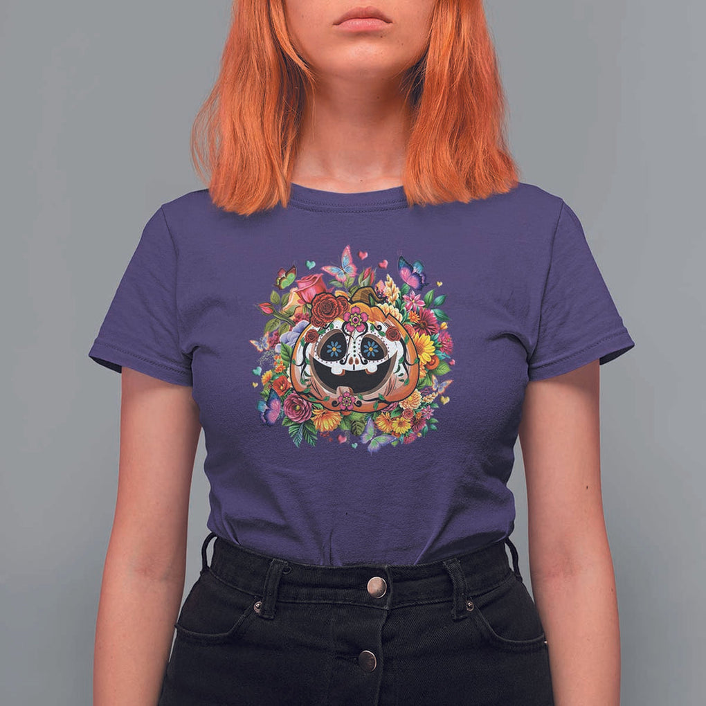 Day Of The Dead T Shirt For Women Pumpkin Sugar Skull Halloween Flowers TS11 Purple Print Your Wear