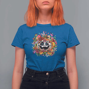 Day Of The Dead T Shirt For Women Pumpkin Sugar Skull Halloween Flowers TS11 Royal Blue Print Your Wear