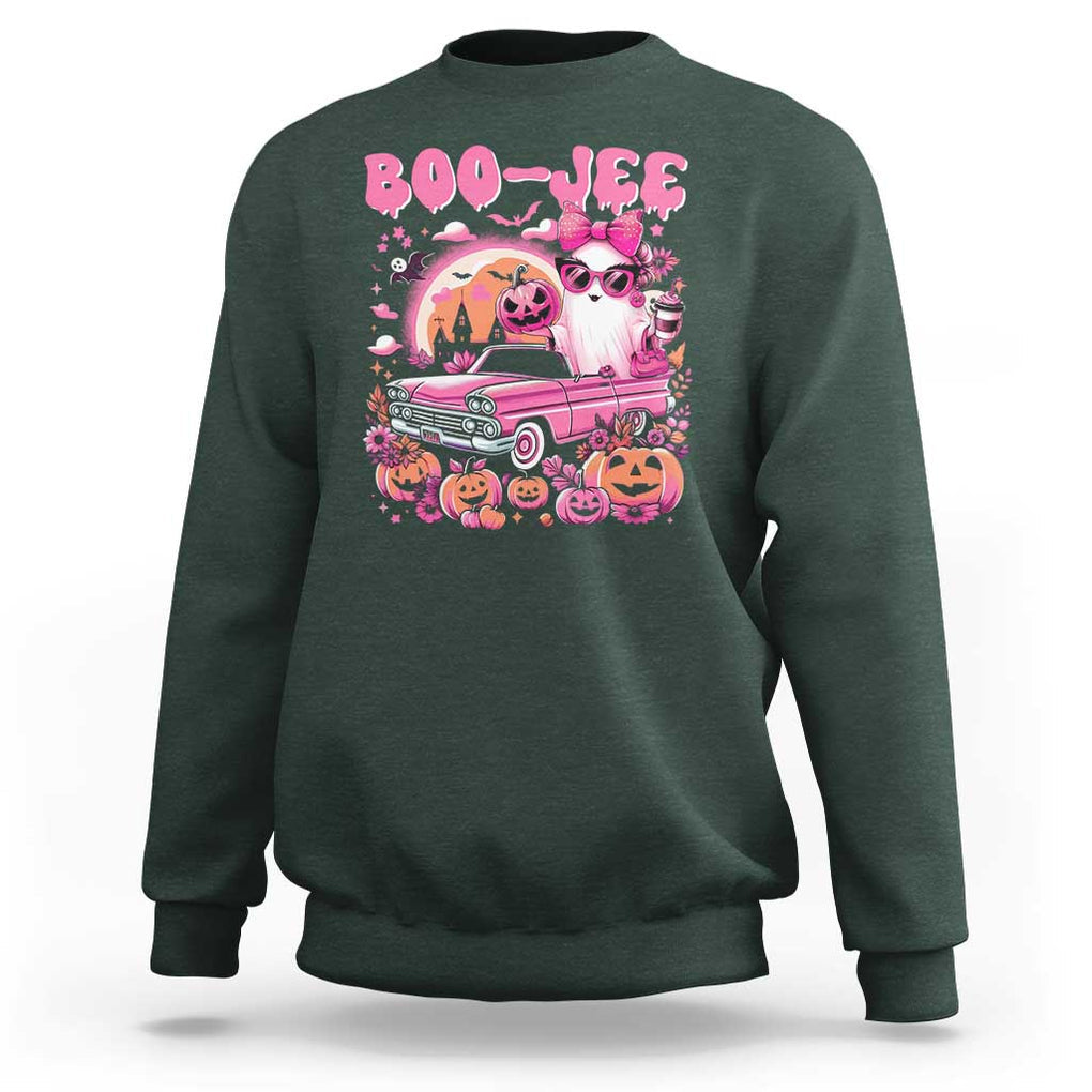 Funny Halloween Sweatshirt Boo Jee Pink Ghost Boujee Pumpkin Haunted House TS11 Dark Forest Green Print Your Wear