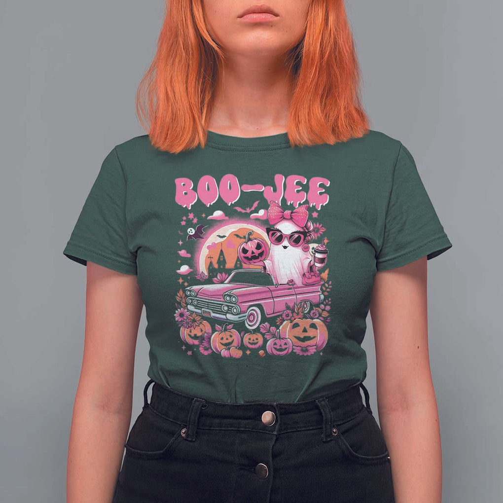 Funny Halloween T Shirt For Women Boo Jee Pink Ghost Boujee Pumpkin Haunted House TS11 Dark Forest Green Print Your Wear