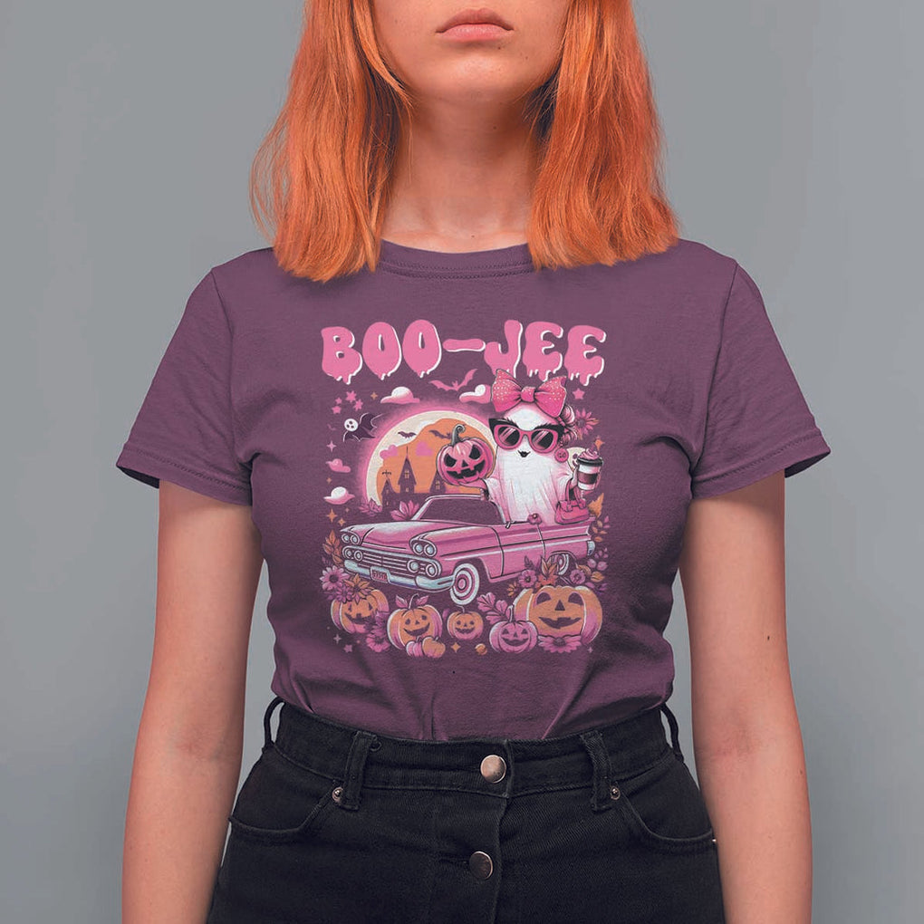 Funny Halloween T Shirt For Women Boo Jee Pink Ghost Boujee Pumpkin Haunted House TS11 Maroon Print Your Wear