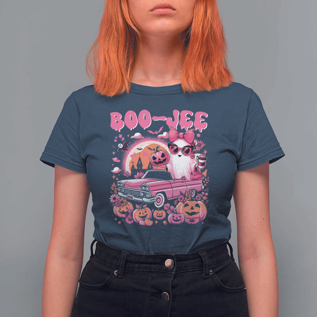 Funny Halloween T Shirt For Women Boo Jee Pink Ghost Boujee Pumpkin Haunted House TS11 Navy Print Your Wear