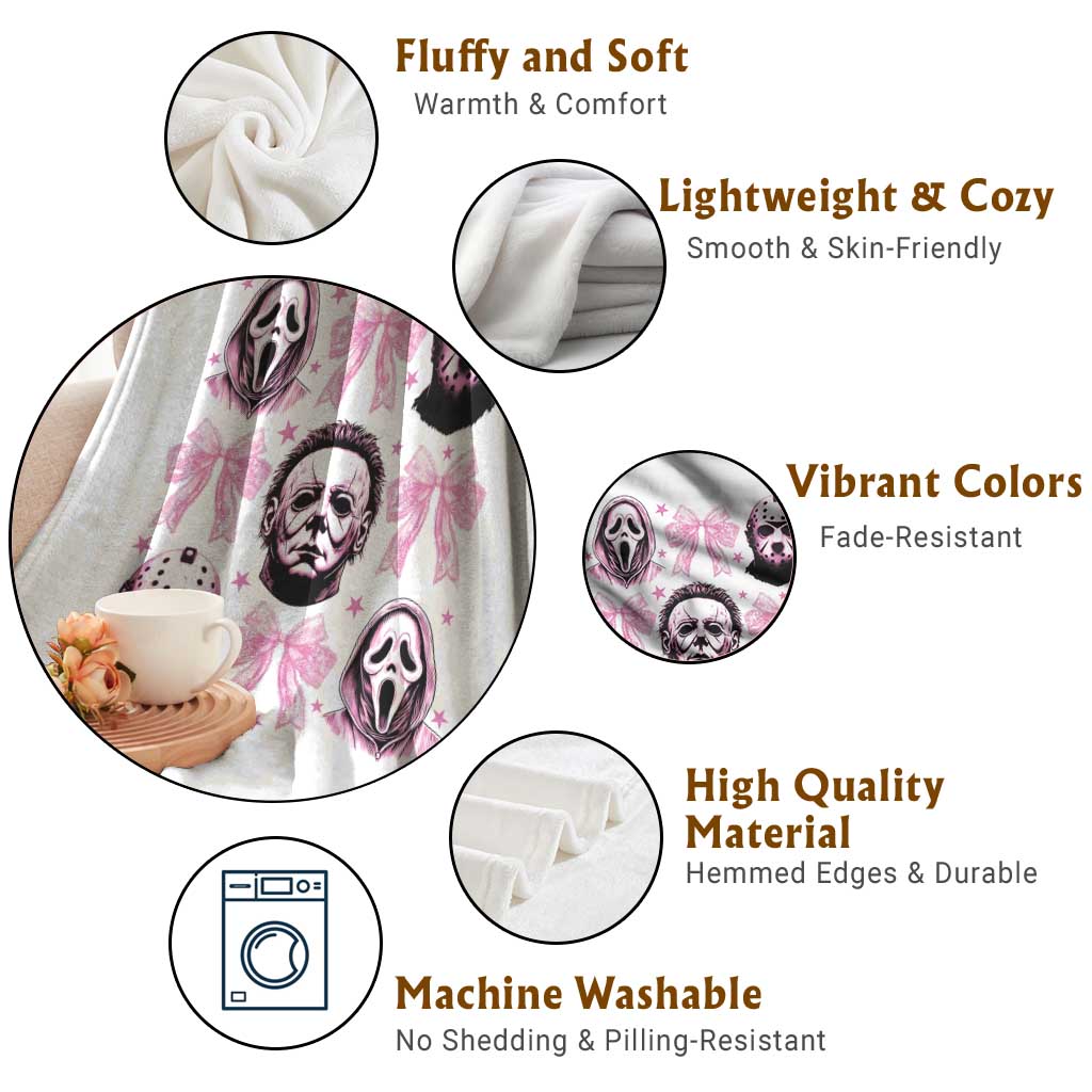 Halloween Throw Blanket Scary Murderers Pink Bows Coquette Aesthetic TS11 Print Your Wear