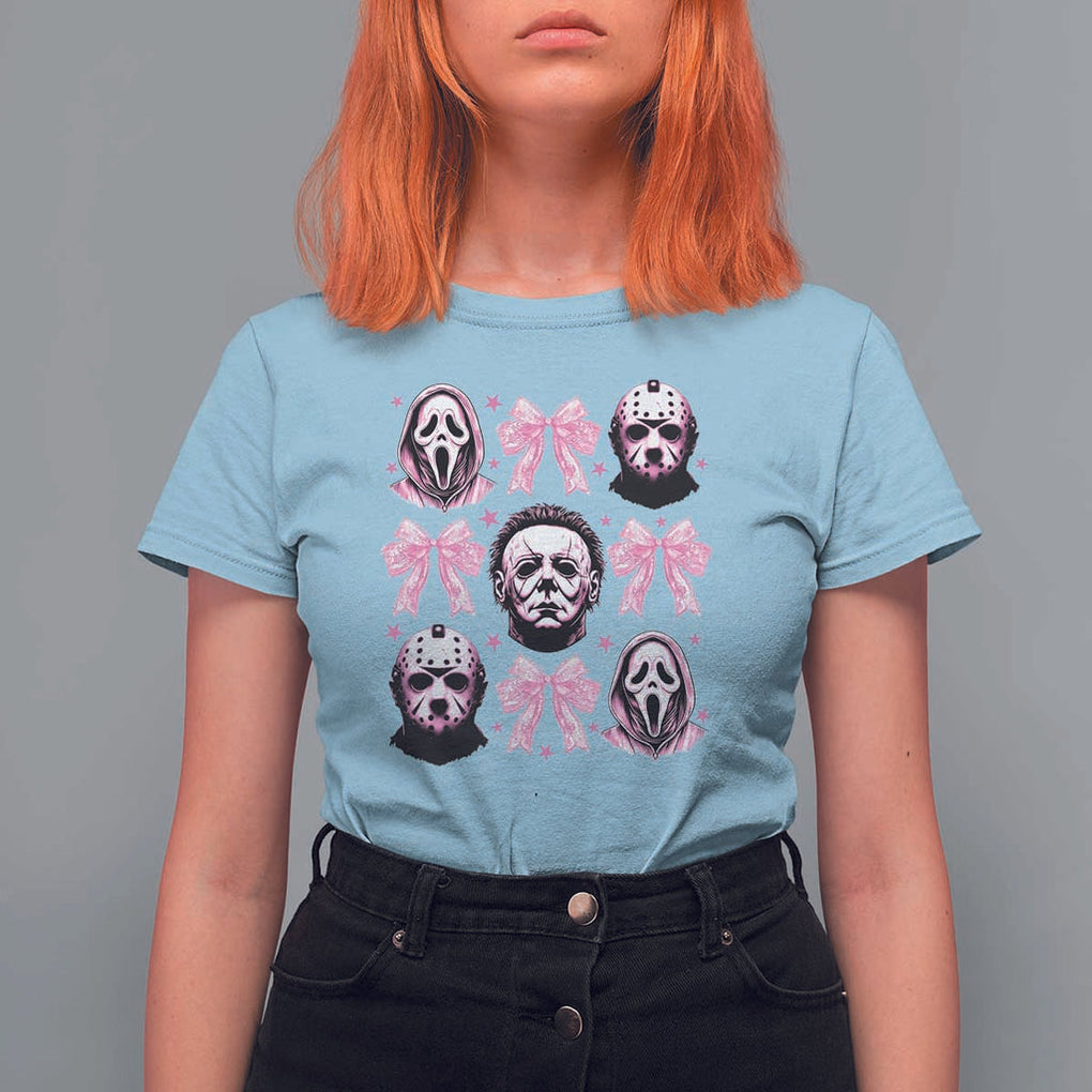Halloween T Shirt For Women Scary Murderers Pink Bows Coquette Aesthetic TS11 Light Blue Print Your Wear