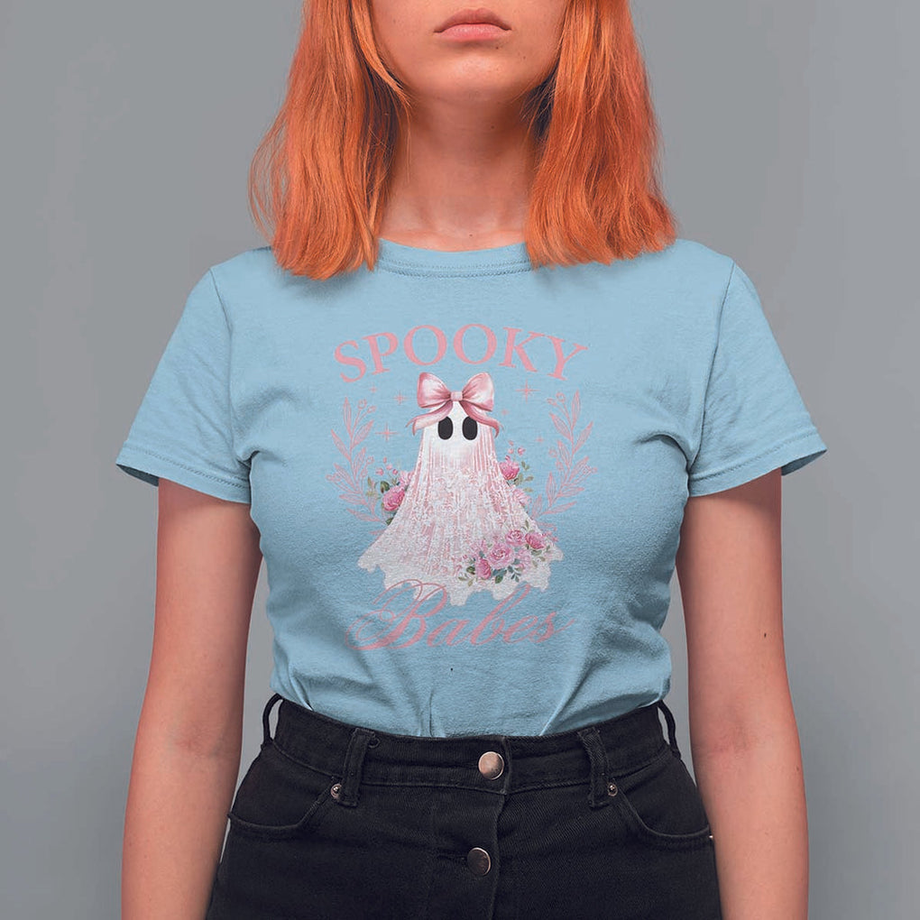 Halloween T Shirt For Women Spooky Babes Pink Ghost Coquette Aesthetic TS11 Light Blue Print Your Wear