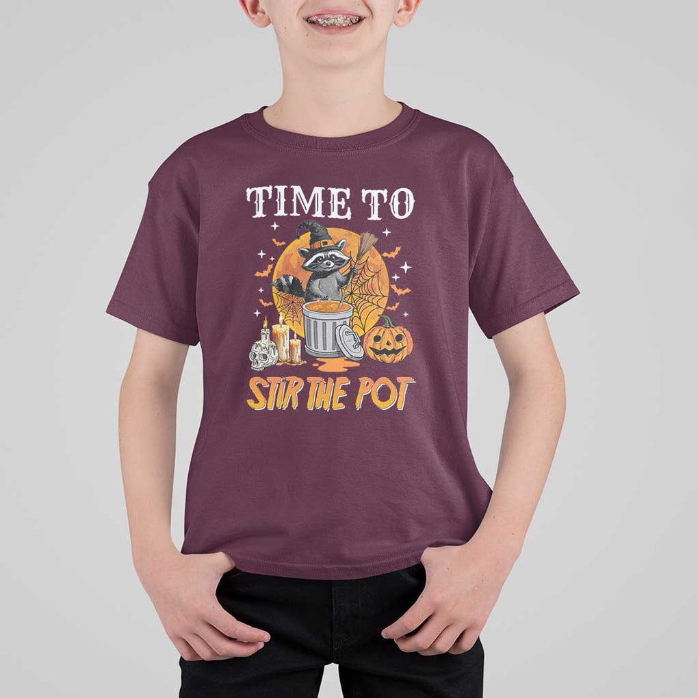 Funny Halloween T Shirt For Kid Time To Stir The Pot Cute Raccoon Pumpkin TS11 Maroon Print Your Wear