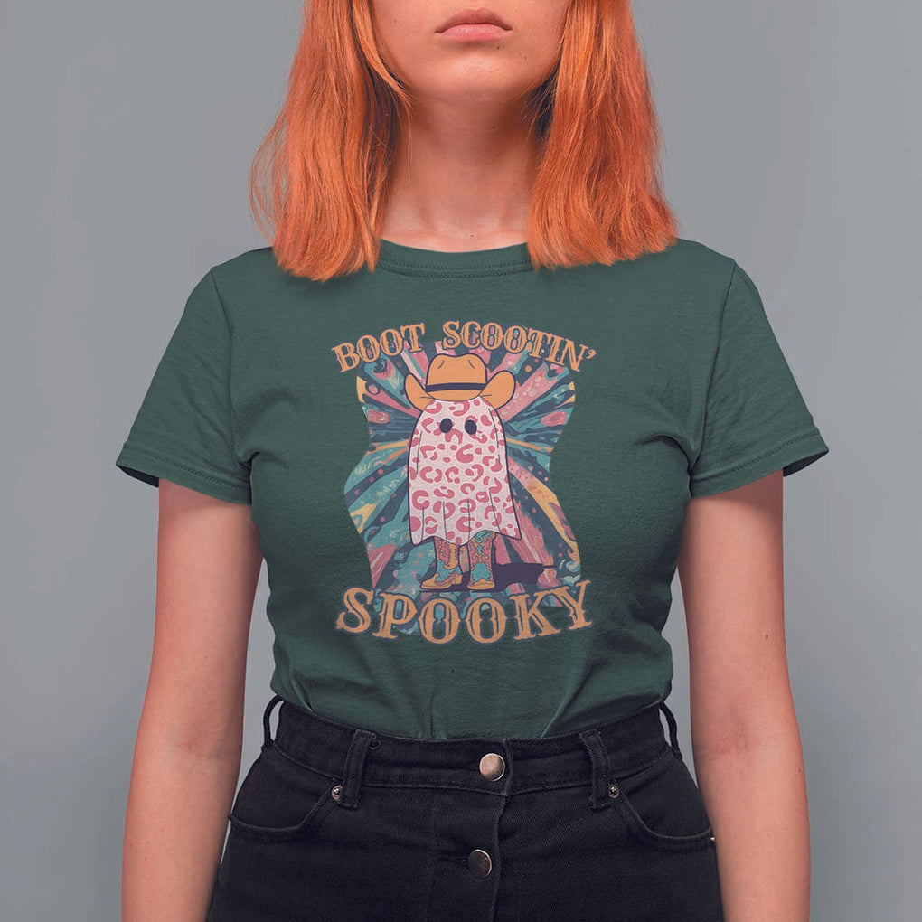 Halloween Western T Shirt For Women Boot Scootin' Spooky Cute Country Cowboy Ghost TS11 Dark Forest Green Print Your Wear