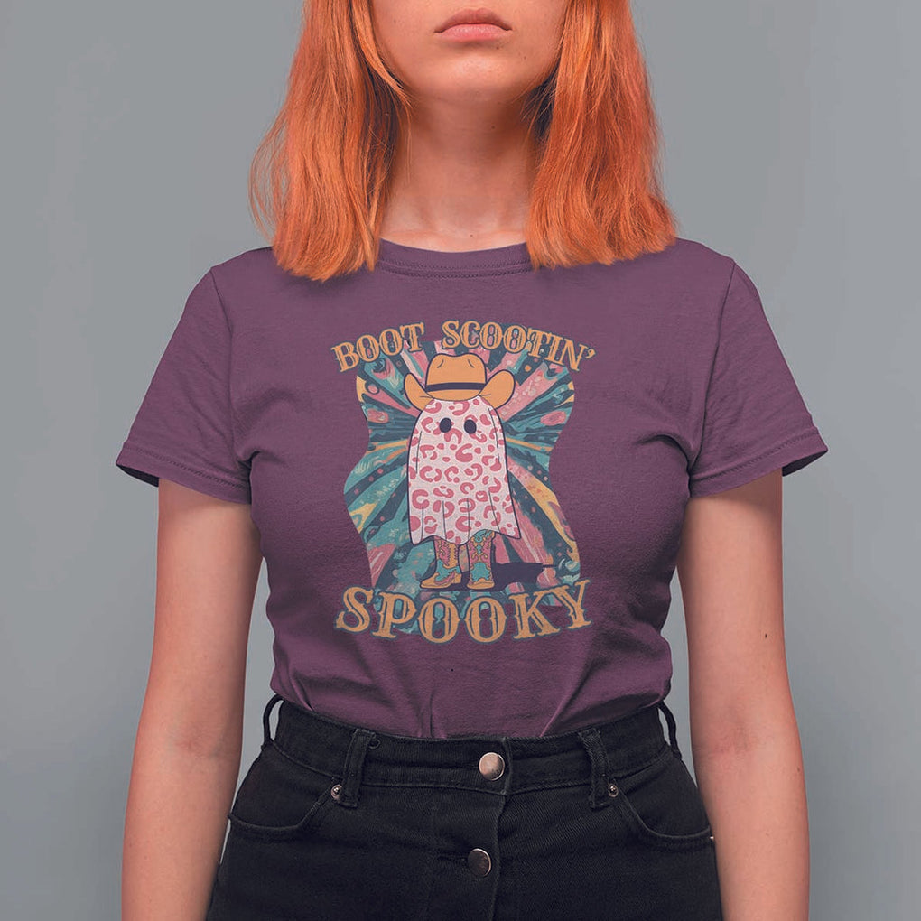 Halloween Western T Shirt For Women Boot Scootin' Spooky Cute Country Cowboy Ghost TS11 Maroon Print Your Wear