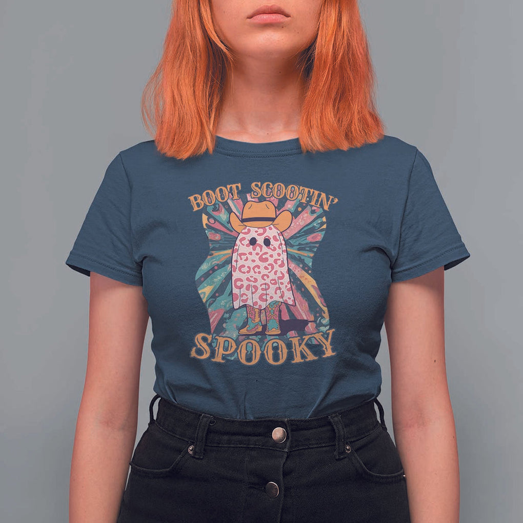 Halloween Western T Shirt For Women Boot Scootin' Spooky Cute Country Cowboy Ghost TS11 Navy Print Your Wear