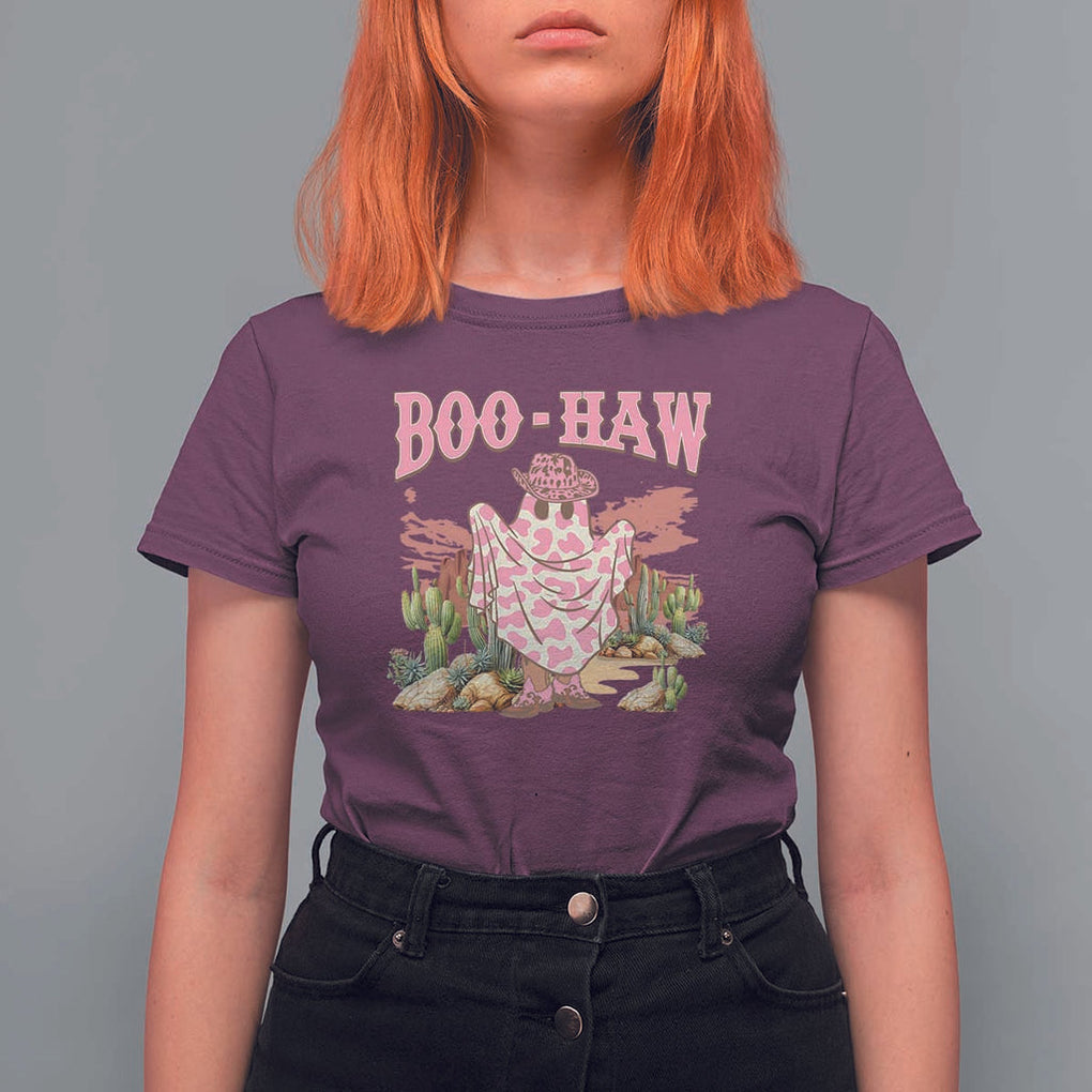 Halloween Western T Shirt For Women Boo Haw Cute Country Cowboy Ghost TS11 Maroon Print Your Wear