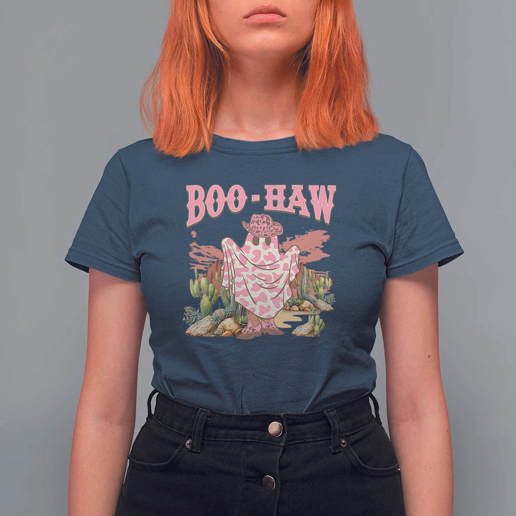 Halloween Western T Shirt For Women Boo Haw Cute Country Cowboy Ghost TS11 Navy Print Your Wear